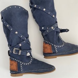 Karma of Charme blue belted chain boots. Festival ready.